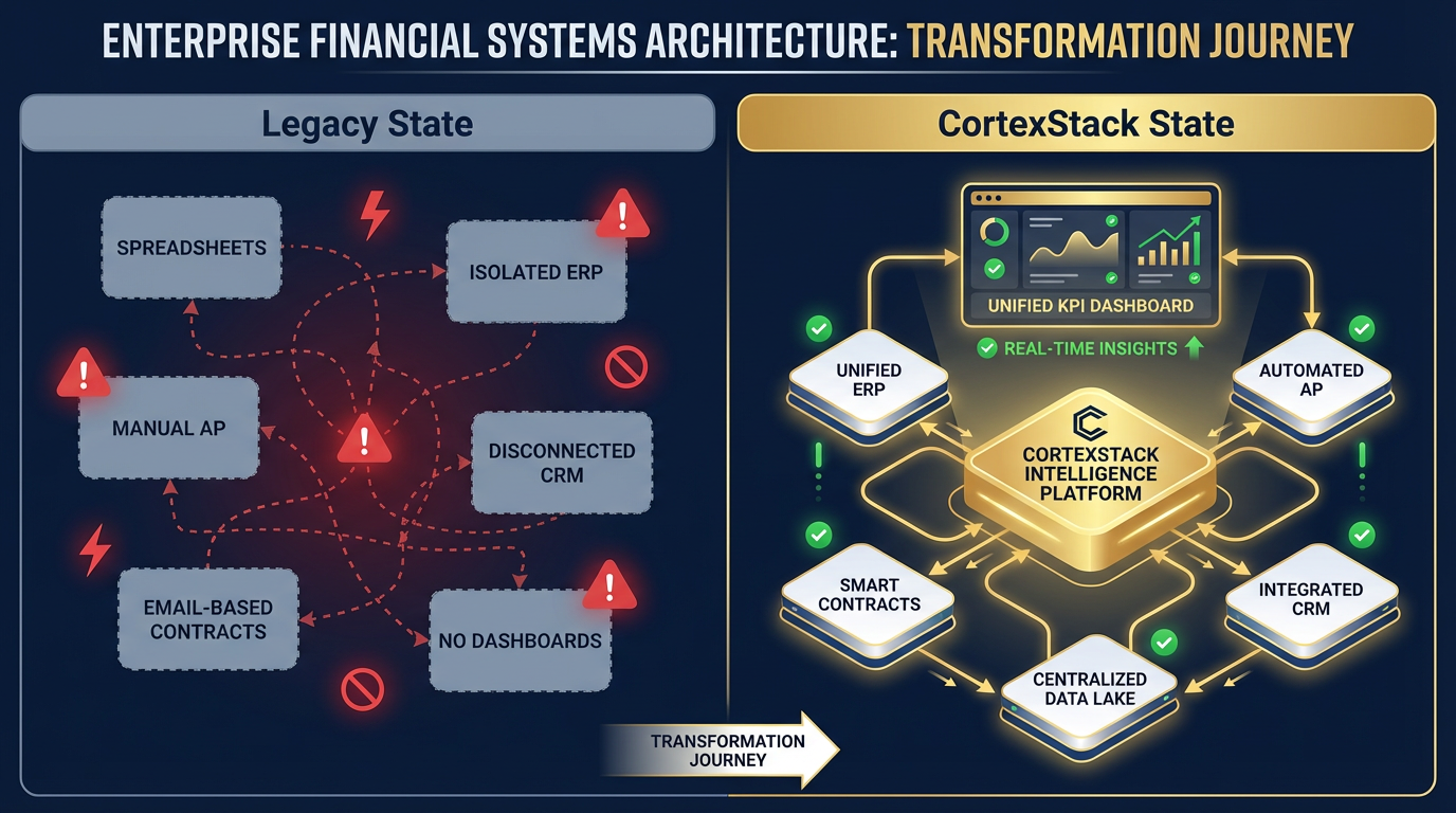 Before and after: disconnected systems vs. unified finance view